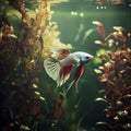A white and red betta fish swims through green aquatic plants Royalty Free Stock Photo