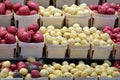 White, red and blue potatoes at the Jean-Talon Market Royalty Free Stock Photo