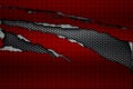 White and red carbon fiber tear on the black metallic mesh. Royalty Free Stock Photo