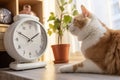white red cat sits on the table and looks at the clock Royalty Free Stock Photo