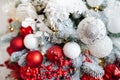 White and red Christmas decoration with balls on fir tree Royalty Free Stock Photo