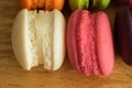 White and red close up macaroon on wooden table Royalty Free Stock Photo