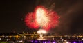 White and red fireworks in front of Quebec City Royalty Free Stock Photo