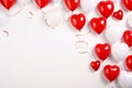 White and red heart-shaped balloons.Valentine\'s Day banner with space for your own content. White background color. Blank Royalty Free Stock Photo