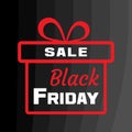 White and red inscriptions SALE. BLACK FRIDAY. Red gift box on black background. Vector illustration Royalty Free Stock Photo