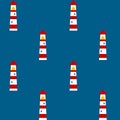 White and red lighthouse with yellow light on dark blue solid background, seamless vector pattern with no details. Kids