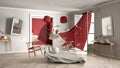 White and red living room, home chaos concept with chairs and table, windows and curtains, broken vase, furniture and other