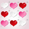 White red and pink valentine hearths with arrow from paper decoration element eps10