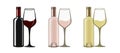 White, red and rose wine bottles and glasses, flat style vector illustration isolated on white background Royalty Free Stock Photo