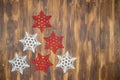 white and red shiny snowflakes decoration on wood, Christmas tree Royalty Free Stock Photo