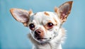 White with red spots dog breed Chihuahua on a blue background. Portrait of a dog