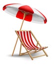 White and red striped sun lounger and beach umbrella. Highly realistic illustration Royalty Free Stock Photo