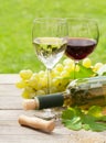 White and red wine glasses and bottle with bunch of grapes Royalty Free Stock Photo