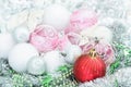 white and red xmas ornaments and Christmas balls on glitter holiday background. Merry christmas card. Winter holidays. Xmas theme Royalty Free Stock Photo