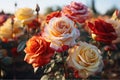 White red yellow orange roses blooming in the field Royalty Free Stock Photo