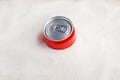 White refined sugar and Red can with sweet carbonated drink. Top view, copy space. Concept - Excess Sugar in Soda Royalty Free Stock Photo