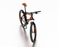 White reflecting floor with a Front View of an Orange and Black Mountain Bike