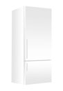 White refrigerator with freezer on white background. Modern 3d fridge with door. Home kitchen electrical appliance