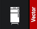 White Refrigerator icon isolated on black background. Fridge freezer refrigerator. Household tech and appliances. Vector Royalty Free Stock Photo