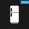 White Refrigerator icon isolated on black background. Fridge freezer refrigerator. Household tech and appliances. Vector Royalty Free Stock Photo