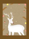 White Reindeer Character with Baubles, Holly Berries, Fir Leaves Decorated in Background and Copy