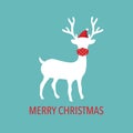 White reindeer wearing medical face mask and Santa Claus hat in flat design. Merry Christmas. Royalty Free Stock Photo