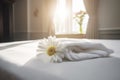 towel spa flower comfortable bed modern window welcome bath bedchamber. Generative AI. Royalty Free Stock Photo