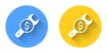 White Repair price icon isolated with long shadow background. Dollar and wrench. Circle button. Vector