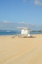 White rescue hut on a sandy beach, safe relax by the ocean, a be Royalty Free Stock Photo