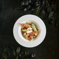 White Restaurant Plate of Caesar Salad with Shrimps, Chicken, Croutons, Tomatoes, Cucumbers Top View Royalty Free Stock Photo