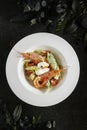 White Restaurant Plate of Caesar Salad with Shrimps, Chicken, Croutons, Tomatoes, Cucumbers Top View Royalty Free Stock Photo