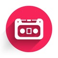 White Retro audio cassette tape icon isolated with long shadow background. Red circle button. Vector Royalty Free Stock Photo