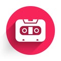 White Retro audio cassette tape icon isolated with long shadow. Red circle button. Vector Royalty Free Stock Photo