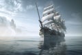 White retro sail ships in sea. Generative ai image