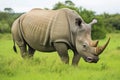 a white rhino grazing in a green field