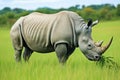 a white rhino grazing in a green field