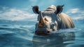 Surrealistic White Rhino Swimming In Blue Water