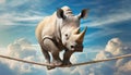 White Rhino Walks on a Rope against a Blue sky with Clouds - Generative Ai Royalty Free Stock Photo