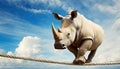 White Rhino Walks on a Rope against a Blue sky with Clouds - Generative Ai Royalty Free Stock Photo