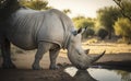 White rhinoceros drinking water surrounded by blurred green trees, side view generative AI Royalty Free Stock Photo