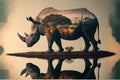 White rhinoceros in savannah landscape drinking water from pond