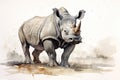 White Rhinoceros in southern african savanna. Watercolor style art