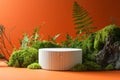 White ribbed podium surrounded by moss and dry branches Royalty Free Stock Photo