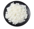 White rice in black bowl isolated on white background. top view Royalty Free Stock Photo