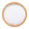 White rice flour powder in wooden bowl isolated on white. Top view