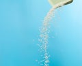 White Rice grain fly in mid air. Ready Rice falling scatter, explosion float in shape form line group. Blue sky background