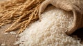 White rice in jute bag and rice grains ears on jute texture background. AI generated. Royalty Free Stock Photo