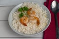 white rice mixed with onions and shrimp om top Royalty Free Stock Photo