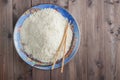 White rice on a plate, big spoon on the side Royalty Free Stock Photo