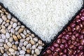 White rice red beans and frijol pinto or feijao carioca Phaseolus vulgaris seeds Royalty Free Stock Photo